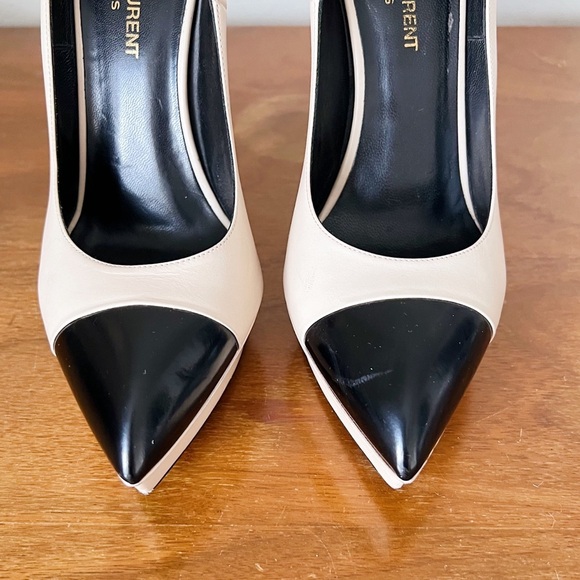 SAINT LAURENT • Janis 105 Cap-Toe Platform Pump two tone beige nude black heels - Picture 3 of 14